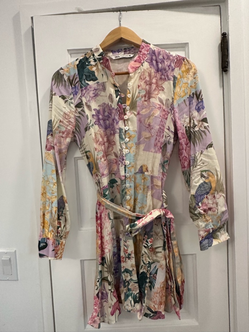 Zara Floral Patchwork Long-Sleeve Shirt Dress in Cream with Pastel Blooms